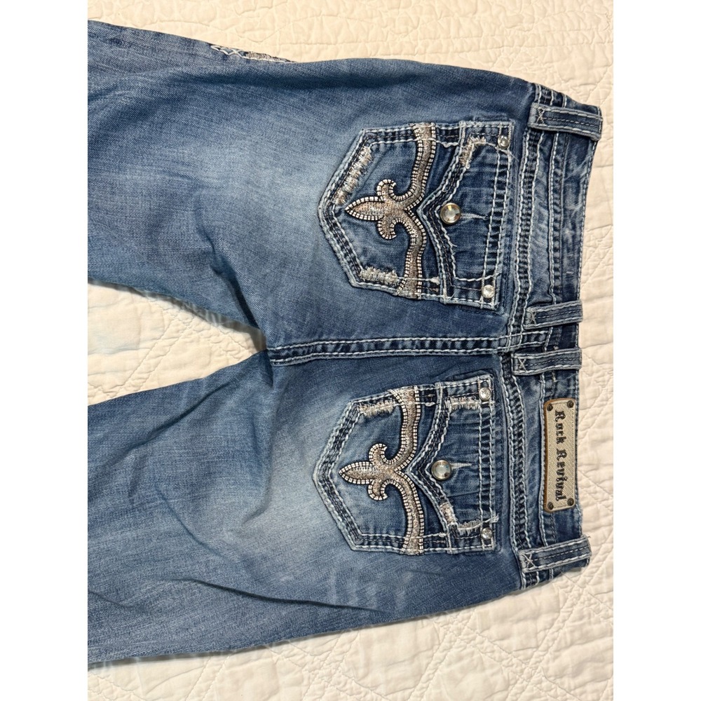 Rock Revival Shaina Mid-Rise Skinny Jeans Blue Fleur De Lis Rhinestone Size 29 - Picture 2 of 13
